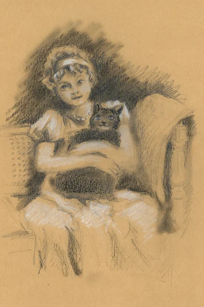 Pretty girl with a cat.  Baby. Vintage.