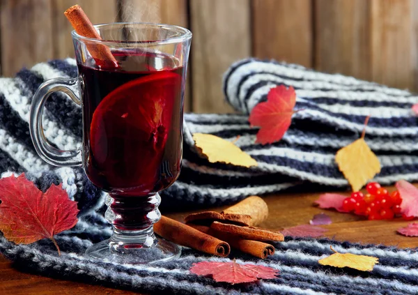 Hot Mulled wine with spices cinamon, star anise and dried lemon on knitted scarf .Fallen leaves. Autumn theme.Selective focus