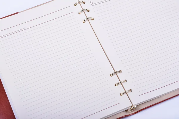 Opened leather diary on white background