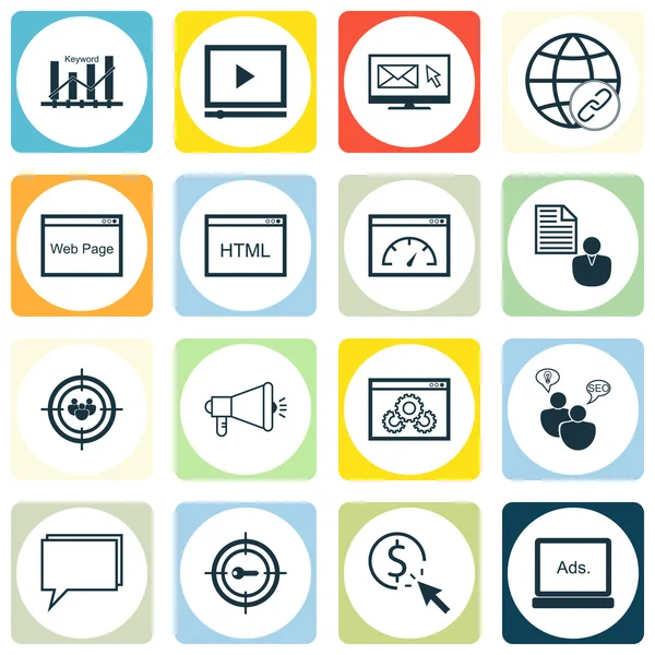 Set Of SEO, Marketing And Advertising Icons On Display Advertising, Video Advertising, Target Keywords And More. Premium Quality EPS10 Vector Illustration For Mobile, App, UI Design.