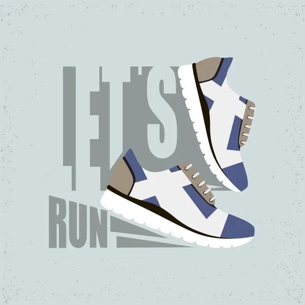 Flat vector illustration with Text - Let\'s run. Running shoes with shadow. Ready design for sport shop,sporting events, etc.