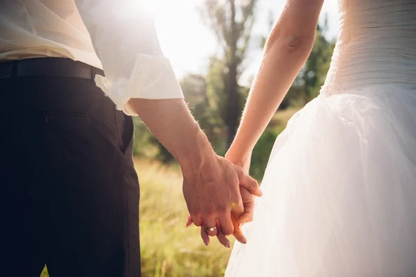 Love couple holding hands in the evening sunset