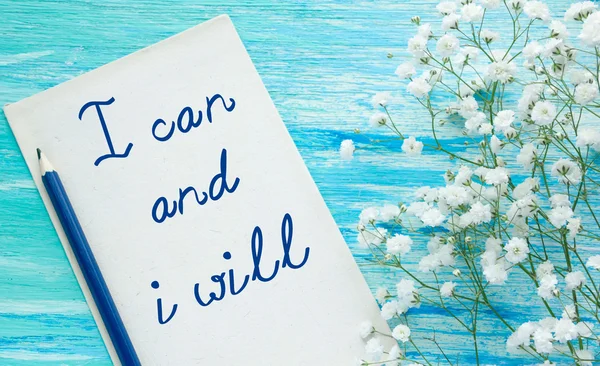 I can and I will Inspirational quote women\'s hand lettering for posters writing notebook note turquoise wooden background Word refer news, current affairs, special occasions business planning