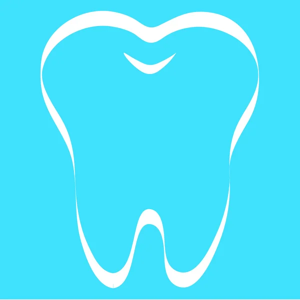 Simple cartoon tooth white silhouette on a blue background, teeth, vector illustration icon, logo first tooth. Medical dental office symbols. Care for the oral cavity, dental health, care, hospital