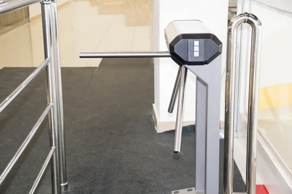 The tripod turnstile with electronic card reader is closed. of a security turnstile. Isometric turnstile. Isometric security barrier. Empty closed turnstiles. Tripod turnstile for entrance