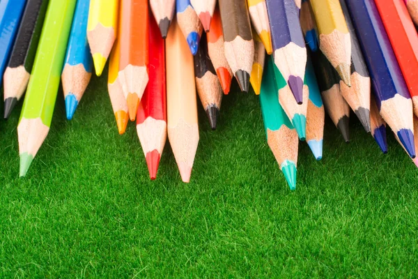 Color pencils scattered on green grass