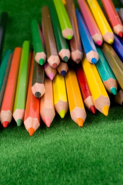 Color pencils scattered on green grass