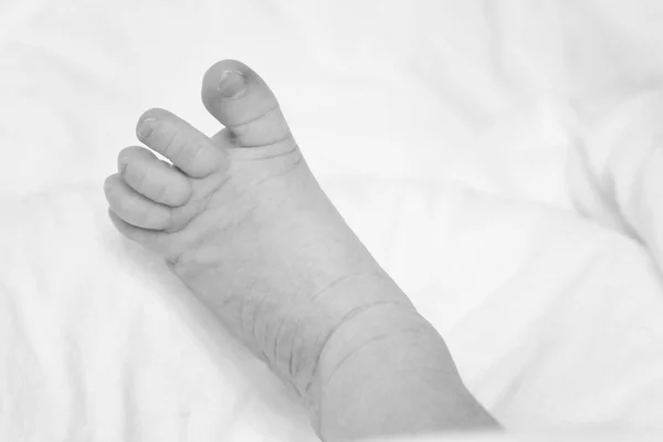 Newborn;s little foot on the bed