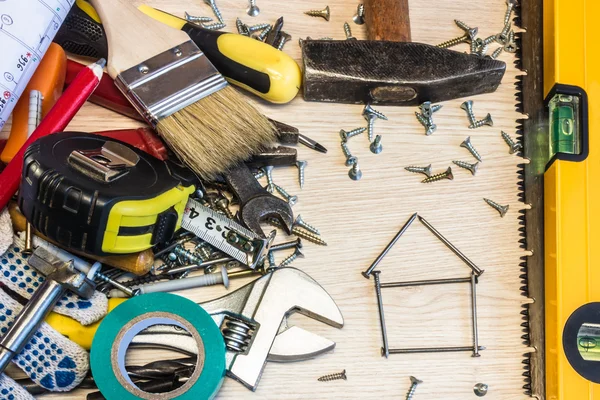 Set of construction tools, the tools lie around, center free, composition power tools.