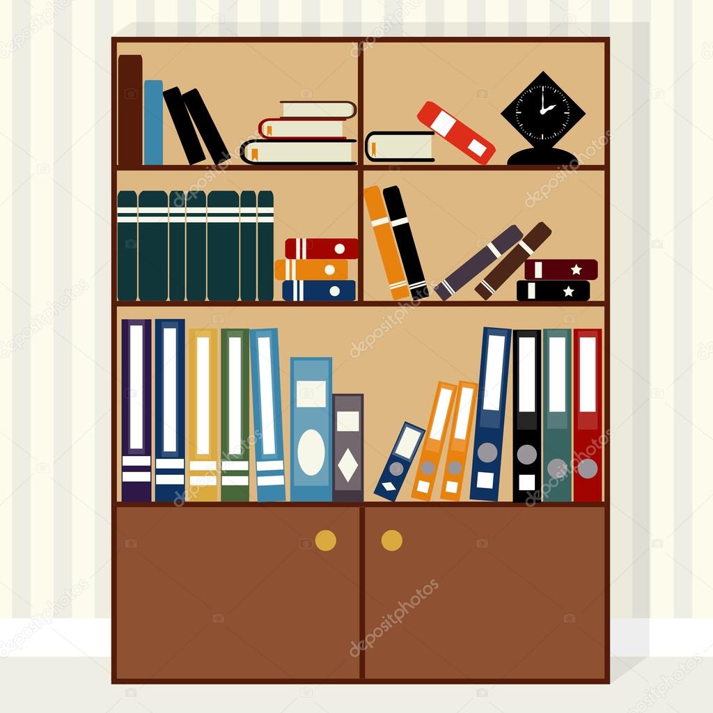 Книжный шкаф плоский дизайн - векторное изображение z0504574.