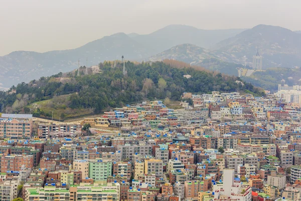 Aerial view of city view at Busan, South Korea with Sakura flowe