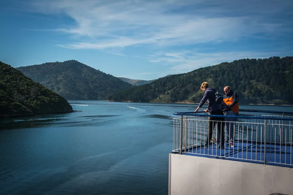 Cook Strait, New Zealand - March 5, 2016: Passengers on ferry traveling from Wellington to Picton via Marlborough Sounds, New Zealand