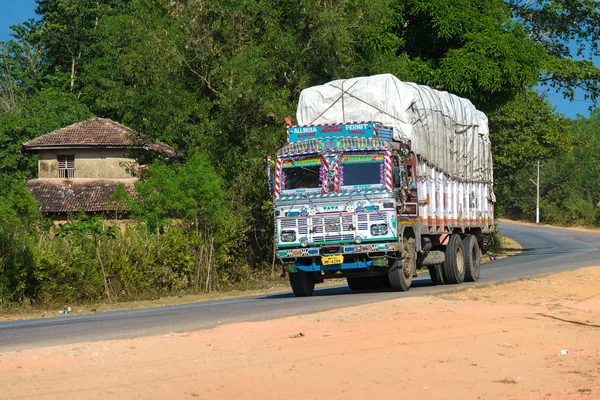 Colorful painted indian truck on the road