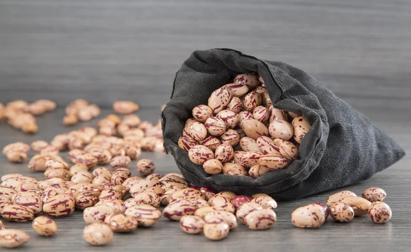 Pinto beans scattered on raw canvas bag