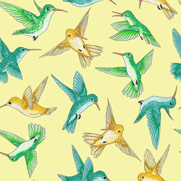 Vector seamless flying little birds of paradise conversational pattern multi color