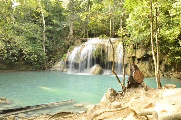 Erawan cascade waterfall at deep tropical rain forest. Erawan Falls National Park at Kanchanaburi, Thailand