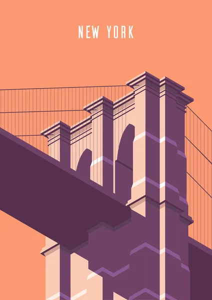 Vector illustration. Poster. Brooklyn Bridge, tourist attraction in the isometric perspective in New York. Cartoon style.