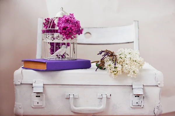 White painted suitcase on a light background, with the  lilac and purple book. Decorative  birdcage