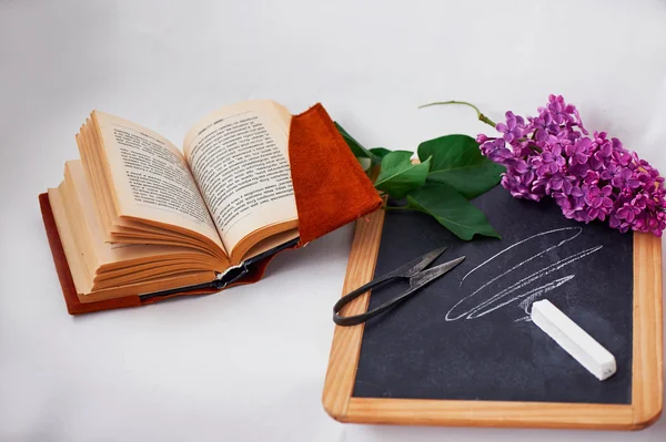 Wooden slate with chalk and vintage scissors  the book  suede cover. Lilac purple