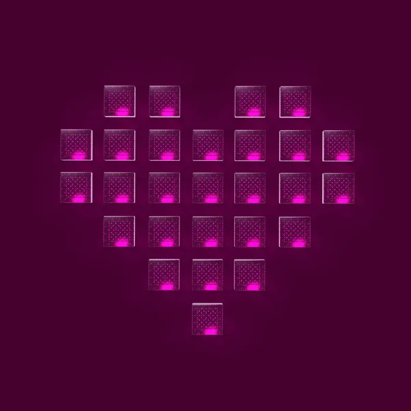 Heart made of glossy glowing glass cubes pixels, gaming, love bacground  render
