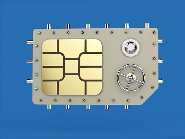 Sim card as vault safe, mobile online connectivity security concept. high safety level metaphor, web protection technology render isolated