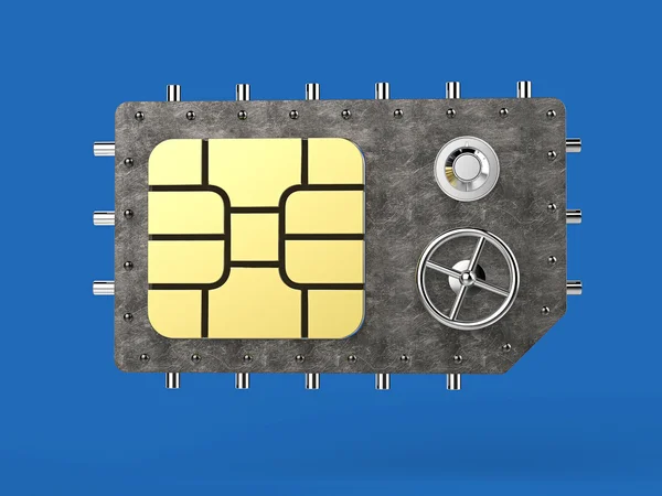 Sim card as vault safe, mobile online connectivity security concept. high safety level metaphor, web protection technology render isolated