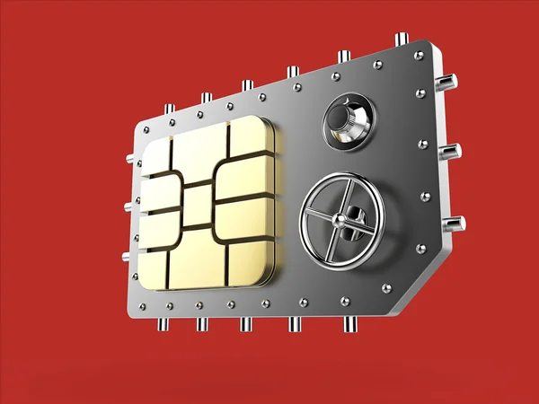 Sim card as vault safe, mobile online connectivity security concept. high safety level metaphor, web protection technology render isolated