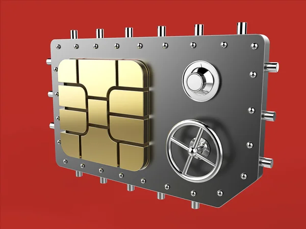Sim card as vault safe, mobile online connectivity security concept. high safety level metaphor, web protection technology render isolated