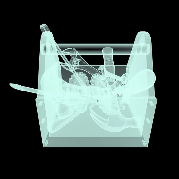 X-ray view of toolbox with tools inside, wrench, spanner, hammer, screwdriver. high quality rendering. illustration for service security, transparency,  tech maintenance.