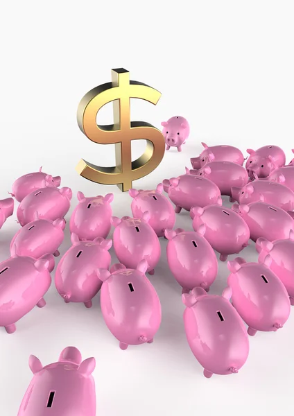 Golden glossy piggybank pigs crowding around green dollar sign. metaphor of financial savings in crisis. high quality render