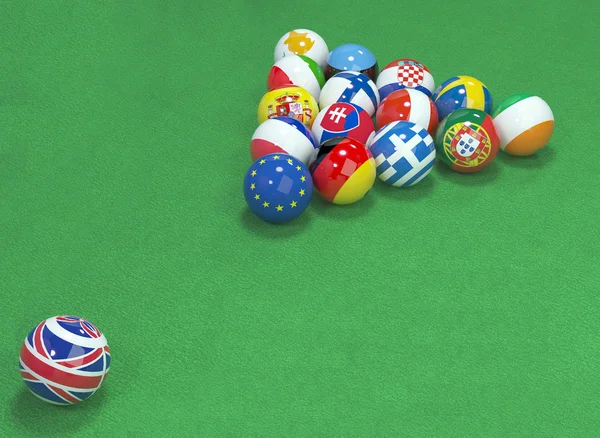 3D illustration of eu and england flags on the pool table 2