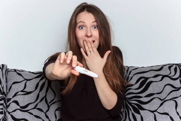 Young woman with a pregnancy test , the happiness of becoming a mother
