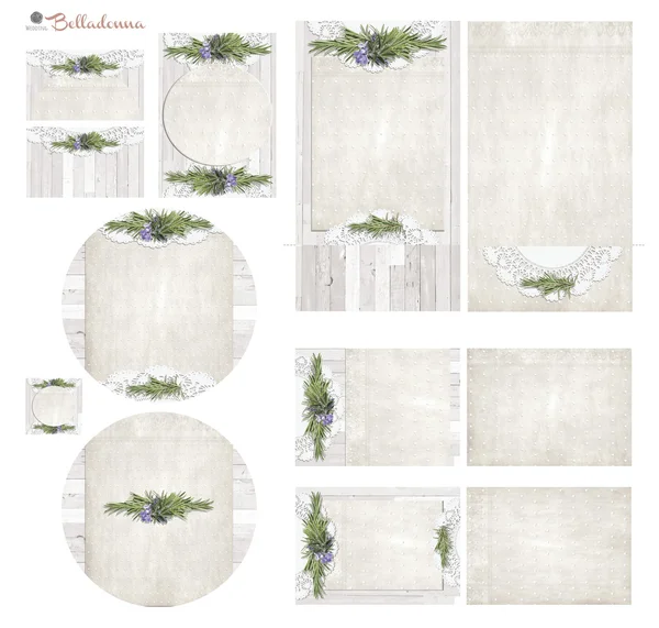 White wash board with rosemary herb sprig and flowers vintage paper text box Set2