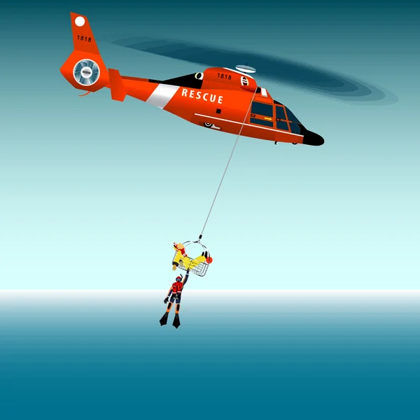 Red rescue helicopter and fishermen at sea. Air rescue basket. Flying lifeguard. The collapse of the sea. Rescue at sea. Coast security