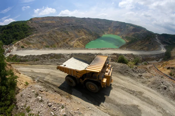 Yellow dump truck on coper surface mining