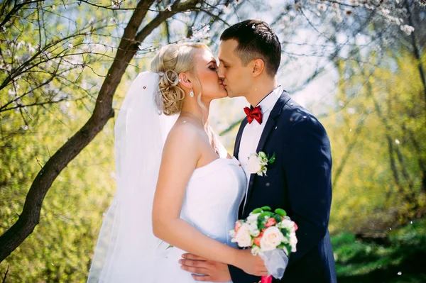 Kissing wedding couple in spring nature close-up portrait. Kissi