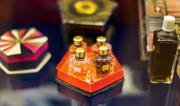 The vintage perfume bottles.