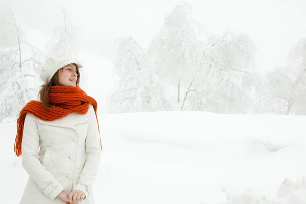 Beautiful girl freedom portrait winter outdoor with snow