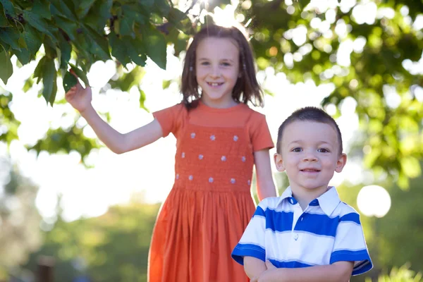 Beautiful young sister and brother at park in a sunny day