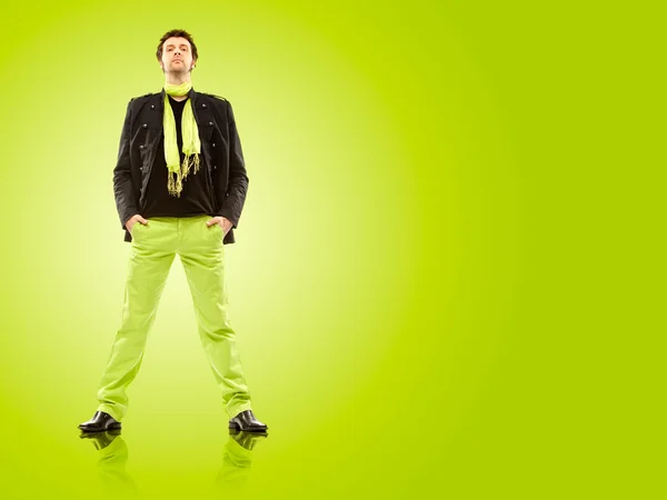 1970s vintage man stand with green background