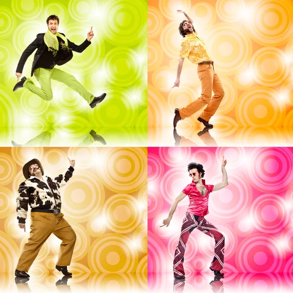 Four vintage funny man dance composition set on colored background