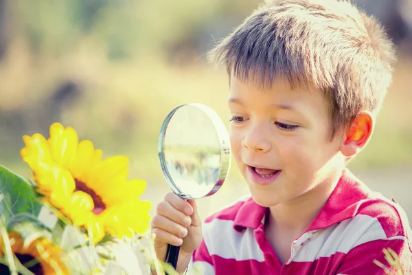 Smiling child playing with magnifying glass in a garden