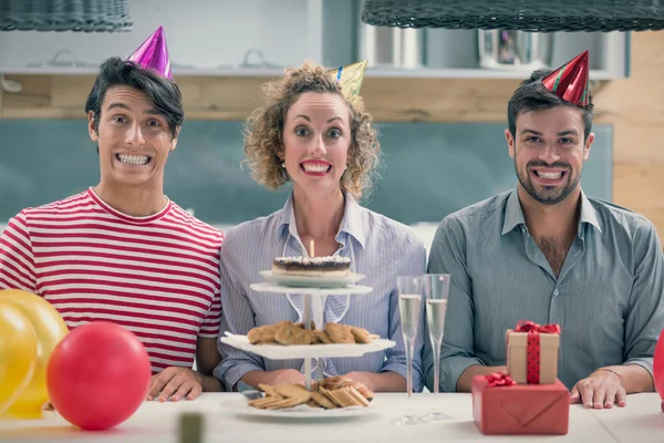 Happy friend celebrate  with sweets balloons and presents indoor