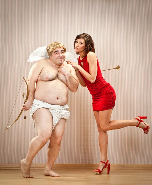 Shy cupid fall in love with beautiful woman for valentine day