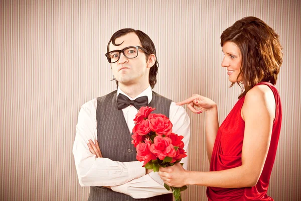 Woman engagement love proposal to nerd boyfriend man with roses for Valentine Day