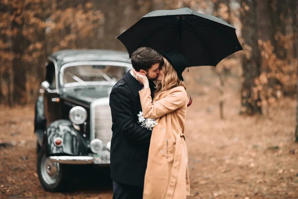 Stylish Loving wedding couple kissing and hugging in a pine forest near retro car