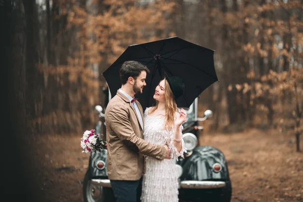 Stylish Loving wedding couple kissing and hugging in a pine forest near retro car