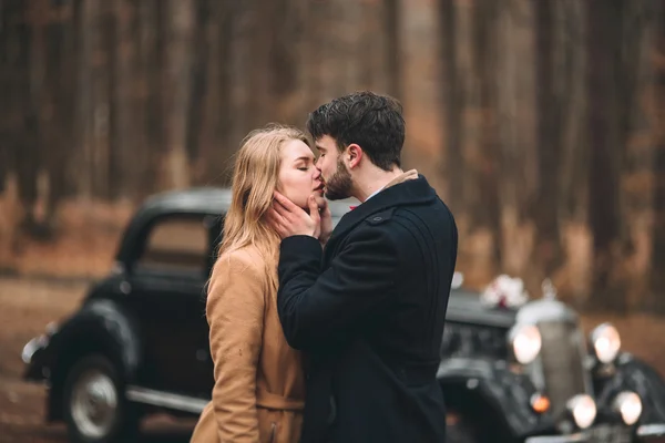 Stylish Loving wedding couple kissing and hugging in a pine forest near retro car