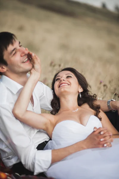 Beautiful wedding couple at picnic with fruit and cake on a background of mountains