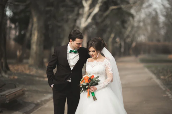 Stylish couple of happy stylish newlyweds walking in the  park on their wedding day with bouquet